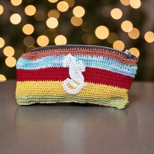 Crocheted Striped Pouch with Seahorse Accent Hand made